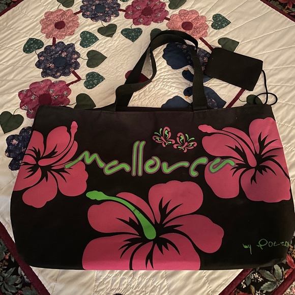 Mallorca black/pink double strap canvas tote - Picture 1 of 4